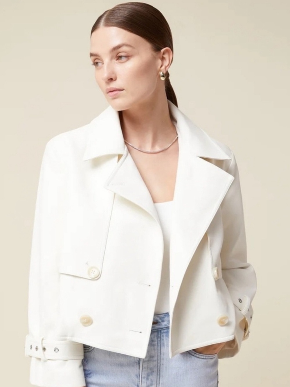 NWT Women’s Rachel Parcell Ivory Vegan Leather Double Breasted Jacket | Sz L